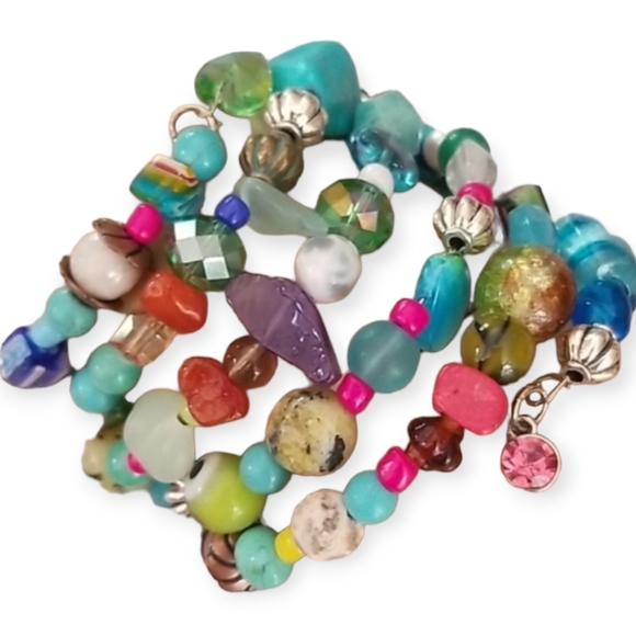 NWT Hand Crafted Semi Precious  Stone Glass Vintage Bead Wrap Bracelet - Picture 3 of 16